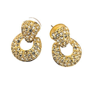 Vintage Roman Rhinestone Earrings Drop Dangle Door Knocker 1" Gold Pavé